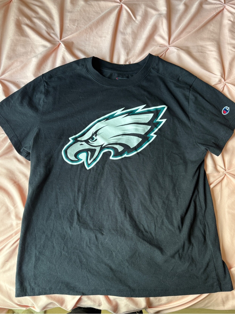 Champion Black Tee with Teal and White Eagle Graphic